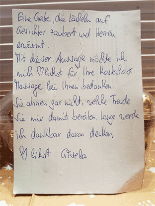 Dankeskarte einer Ehrenamtlerin an Daniela Menzel Daniela Menzel schenkte einer Ehrenamtlerin im Dezember 2025 eine Massage und erhielt zum Dank diese Karte.