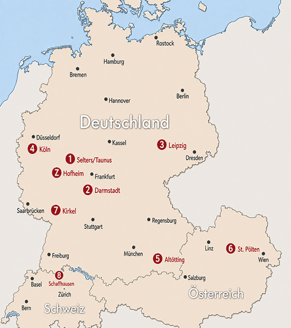 Landkarte Deutschland, Schweiz, Österreich mit Massageschulen für TouchLife Massage